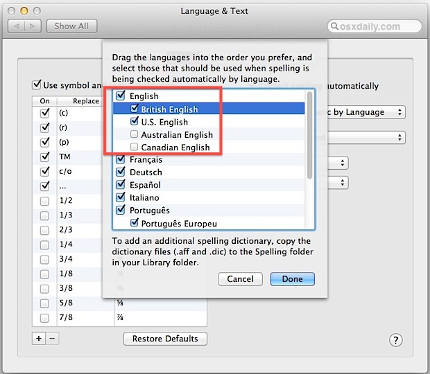 Установить приоритет автокоррекции языка в Mac OS X Lion