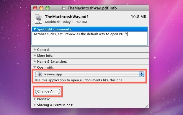 Установите программу просмотра PDF по умолчанию в Mac OS X