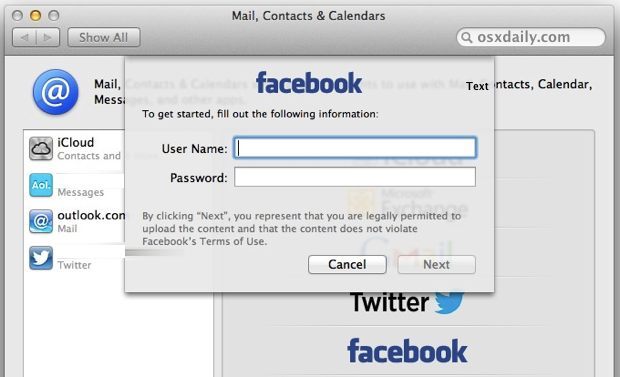 Настройка Facebook в Mac OS X
