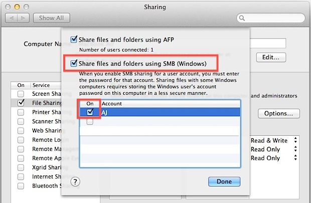 Включить общий доступ к файлам Windows в Mac OS X