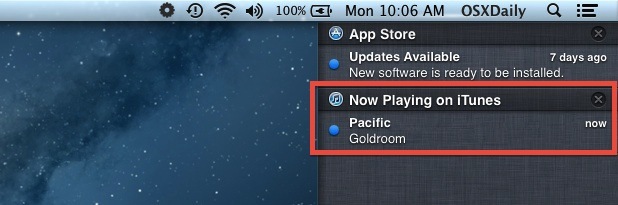 Сообщение iTunes Song в Центре уведомлений в Mac OS X