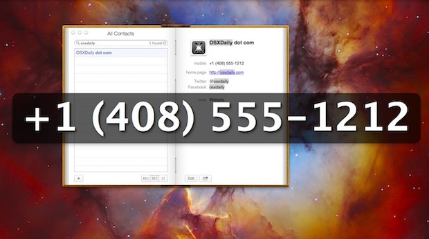 Большой номер телефона, показанный в приложении «Контакты» OS X