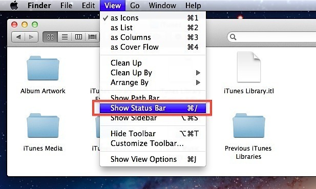 Показать доступное дисковое пространство и строку состояния в Mac OS X