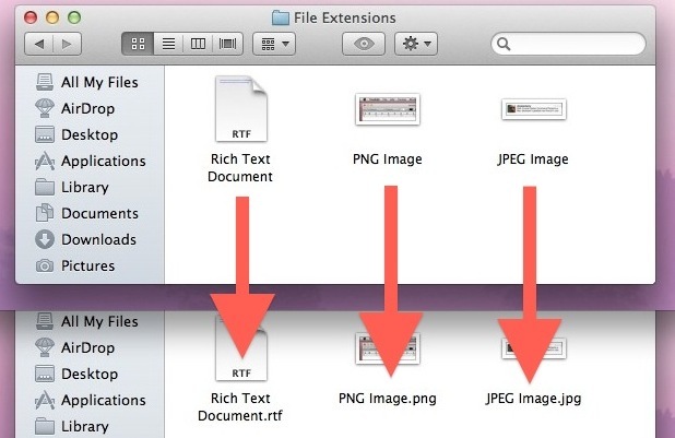 Расширения файлов, отображаемые в Mac OS X