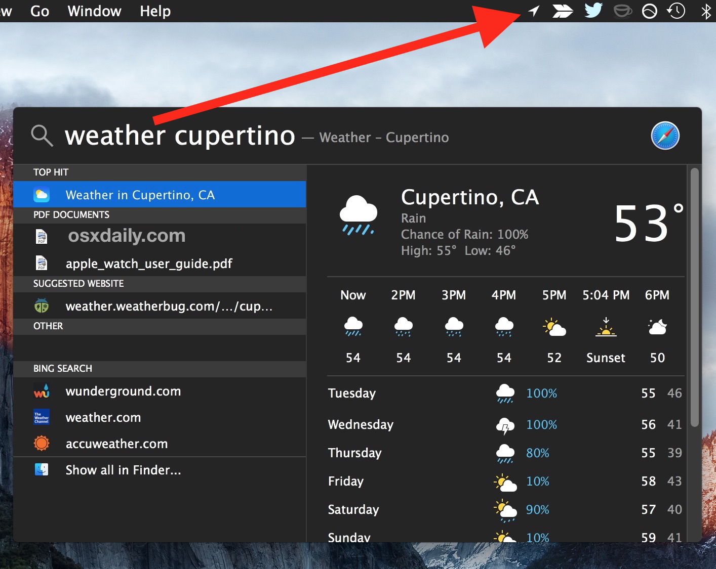 Отображение значка использования местоположения в строке меню Mac OS X, поскольку погода Spotlight вытягивается для местоположения