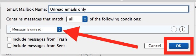 Задайте параметры для входящей почты непрочитанной почты в Mac Mail