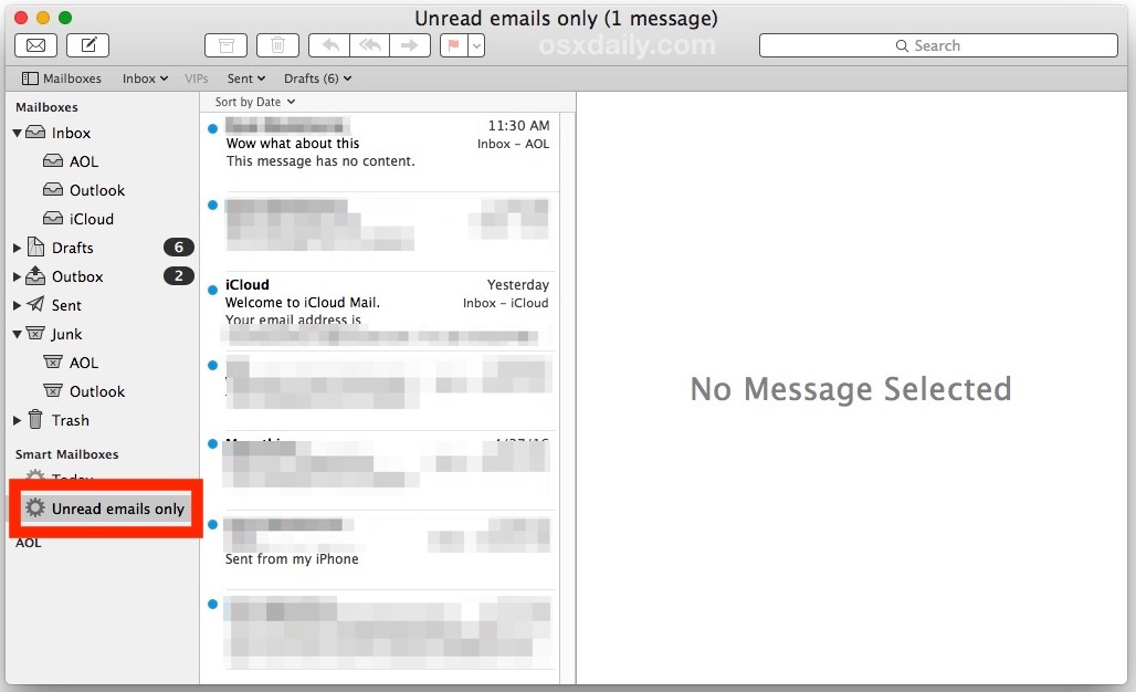Непрочитанный только почтовый ящик электронной почты в Mail для Mac OS