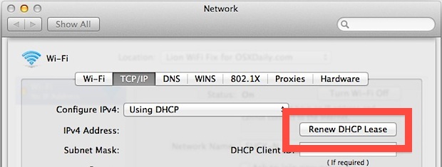Обновление DHCP в Mac OS X Lion