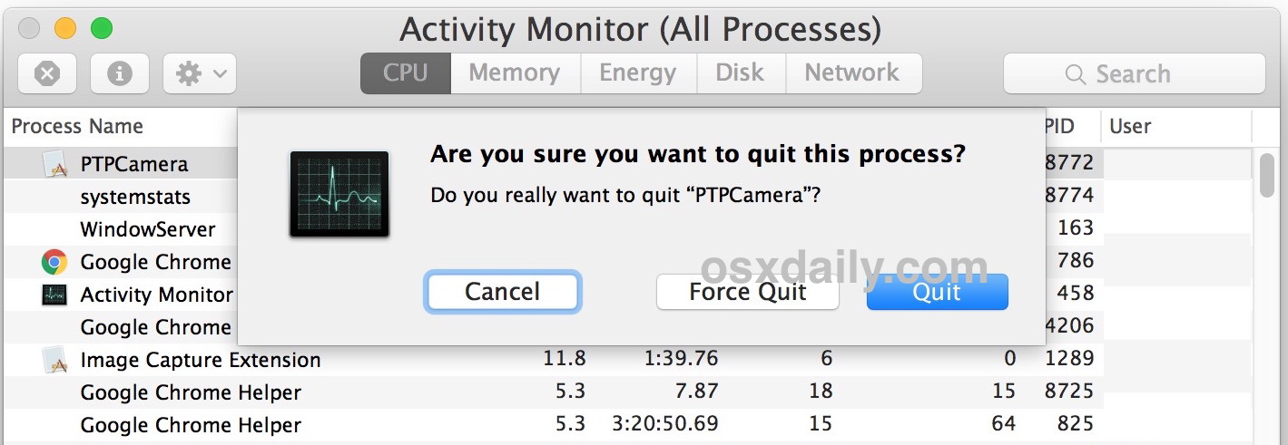 Убить процесс PTPCamera на Mac