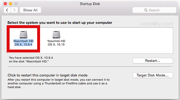 Выберите раздел Mavericks из OS X Yosemite, чтобы вернуться при загрузке