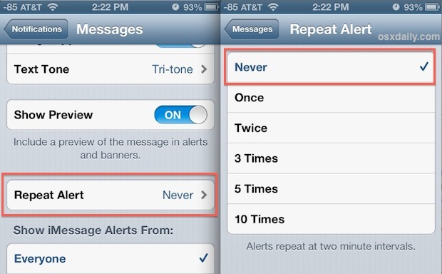 Отключение повторных сообщений текстовых сообщений на iPhone
