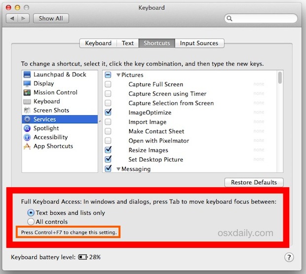 Переключить навигацию клавиш в Mac OS X с нажатием клавиши