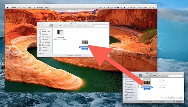 Копирование файлов между компьютерами Mac с использованием общего доступа к экрану в OS X