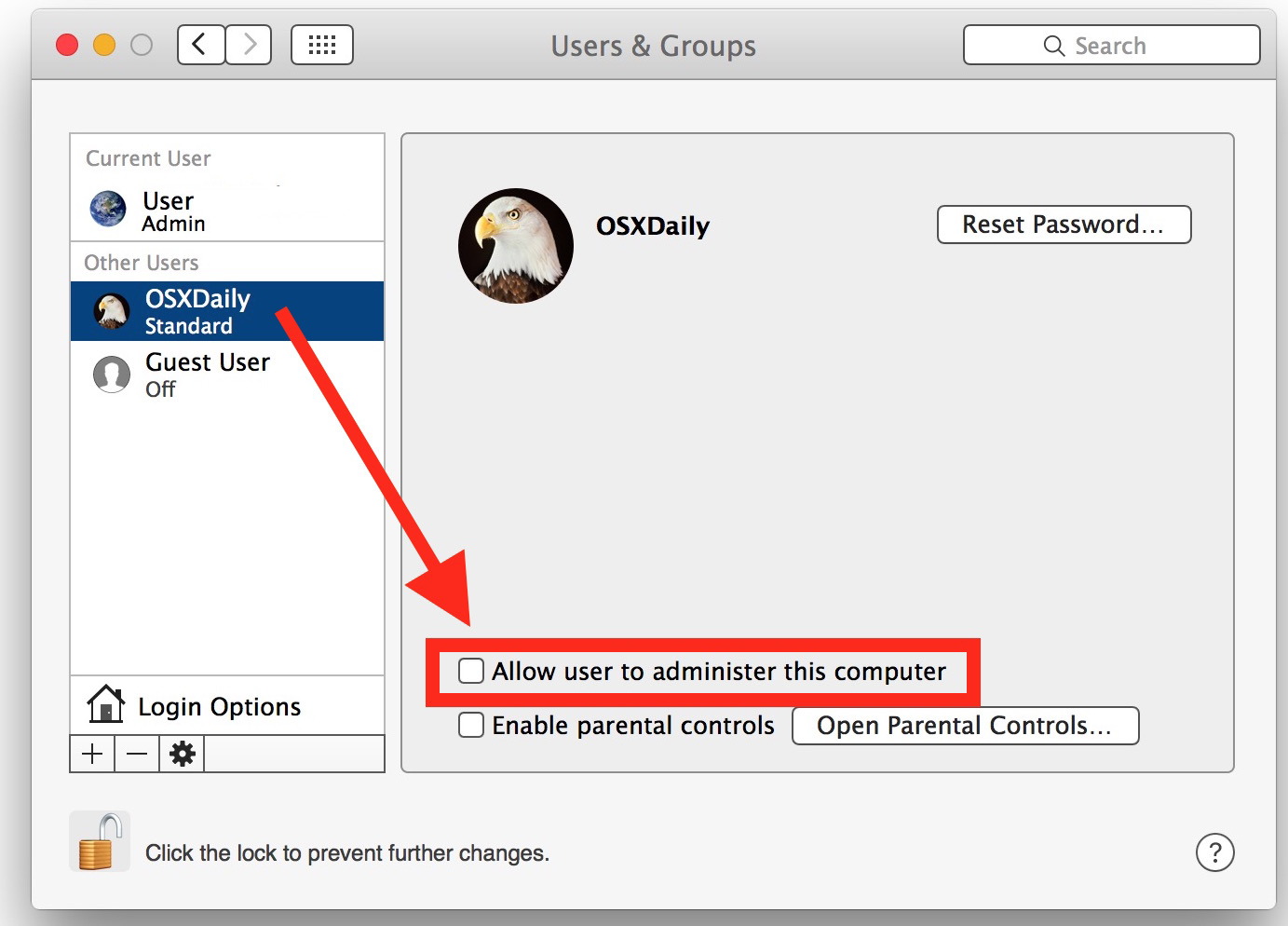 Изменить стандарт на учетную запись администратора в Mac OS X