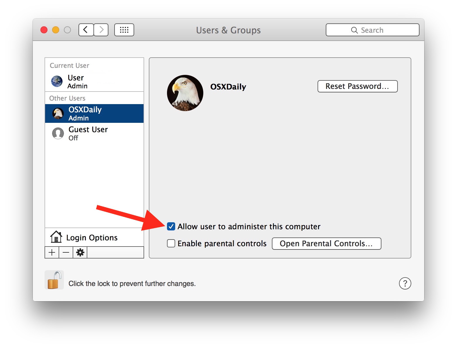 Предоставить стандартную учетную запись администратора администратора в Mac OS X