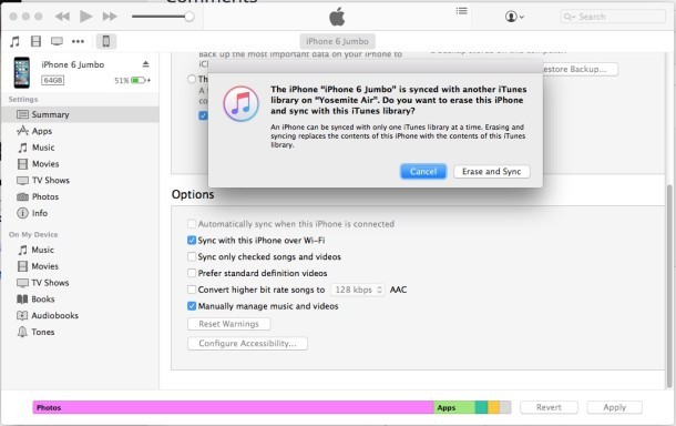 Стирание iPhone и синхронизация с библиотекой iTunes или не сообщение iTunes