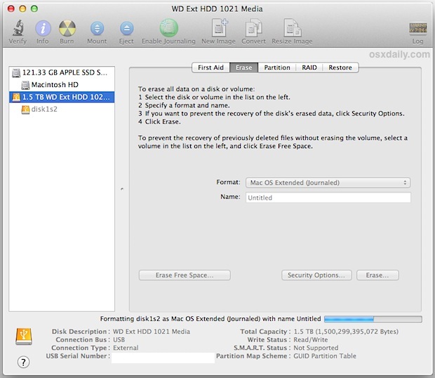 Стирание внешнего жесткого диска в формате, совместимом с Mac