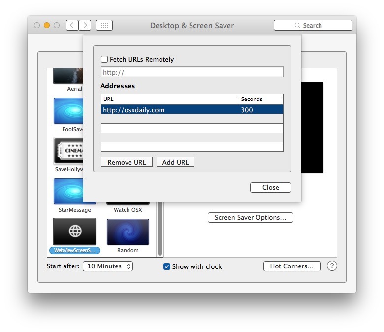 Добавить сайт в экранную заставку Mac OS X