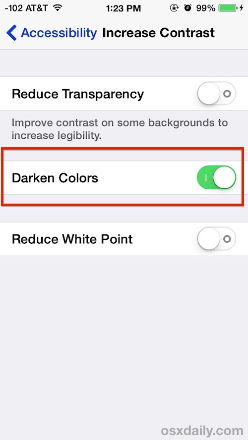Темные цвета в iOS увеличивают видимость и контраст текста