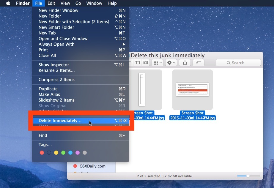 Немедленно удалить в Mac OS X Finder и обойти корзину