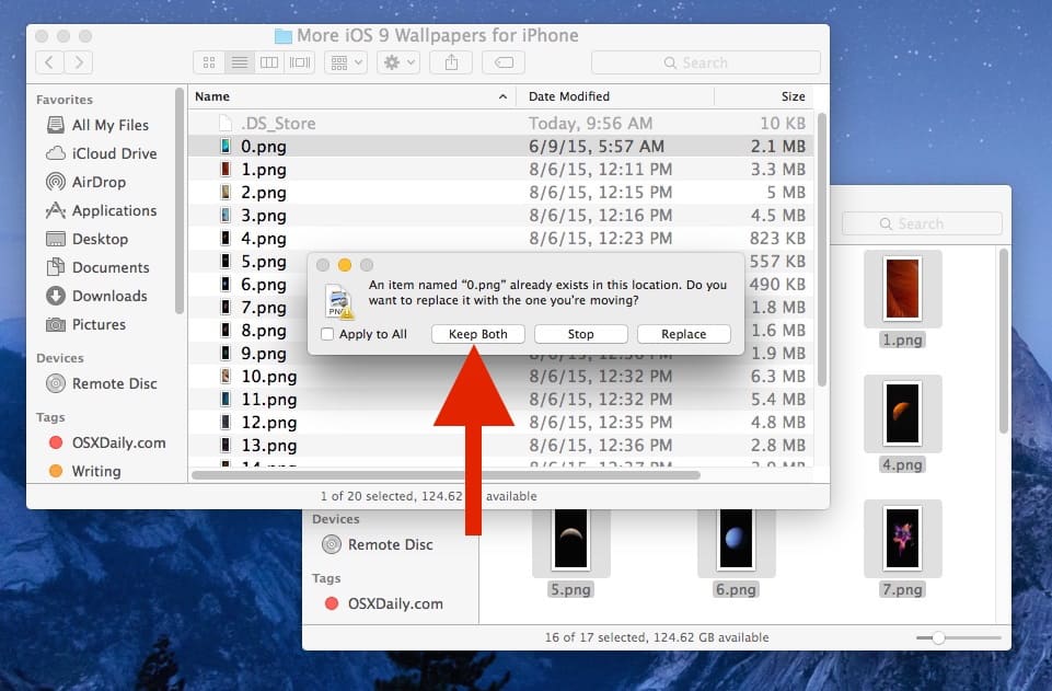 Удерживайте клавишу OPTION, чтобы открыть опцию Keep Both files в Mac Finder.