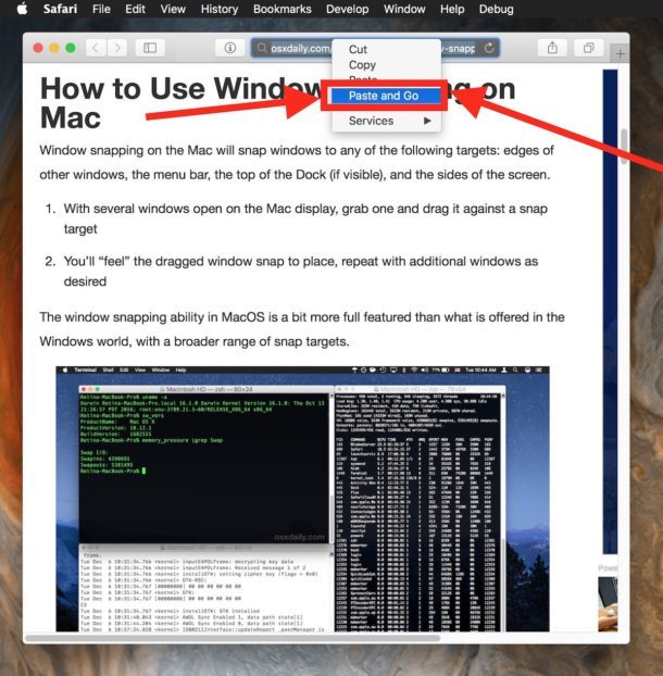 Использование вставки и перехода в Safari для Mac
