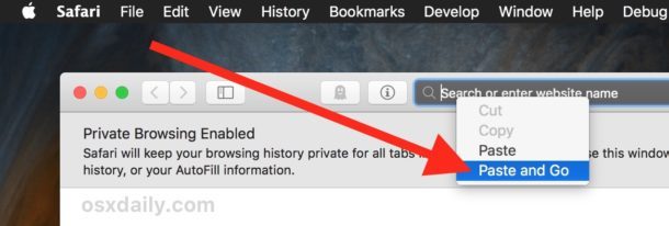 Вставить и перейти в строку URL Safari для Mac