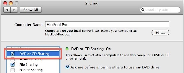 Включить совместное использование дисков CD-DVD в Mac OS X