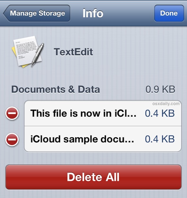 Удалить документы iCloud из iOS