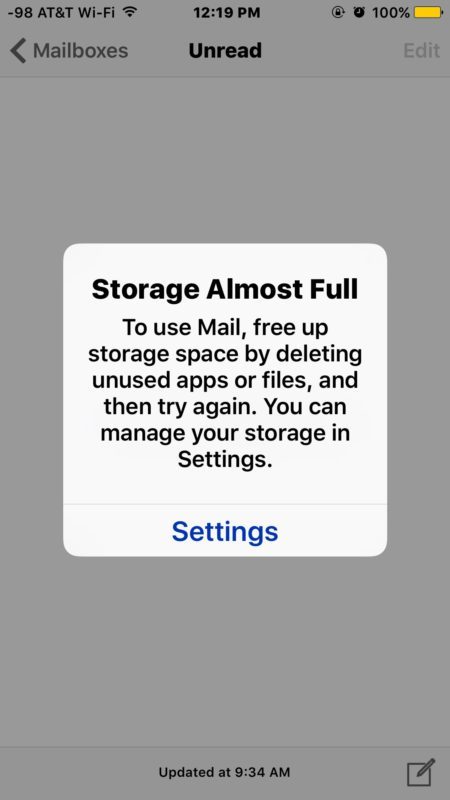 Хранение почти полное, чтобы использовать свободное пространство для хранения почты, удалив сообщение об ошибке iOS