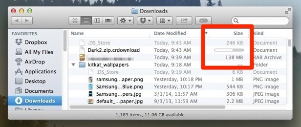 Показать прогресс загрузки в Mac OS X Окно Finder
