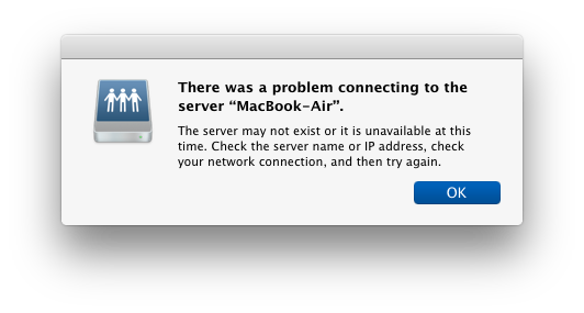 Проблема подключения к серверу Mac, сообщение об ошибке в OS X